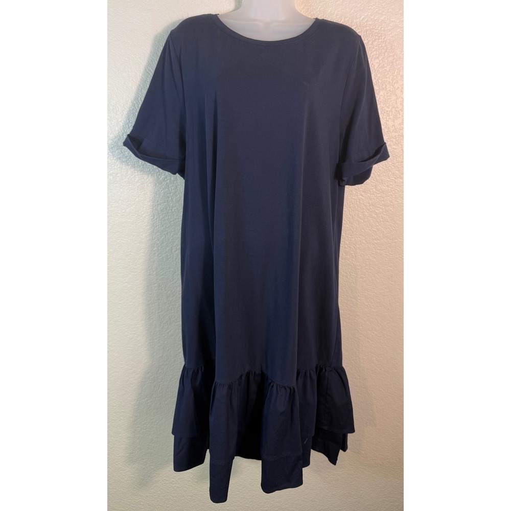 Chicos 3 US XL Dress Navy Blue Ruffle Hem Short Sleeve Cotton Knit Nautical